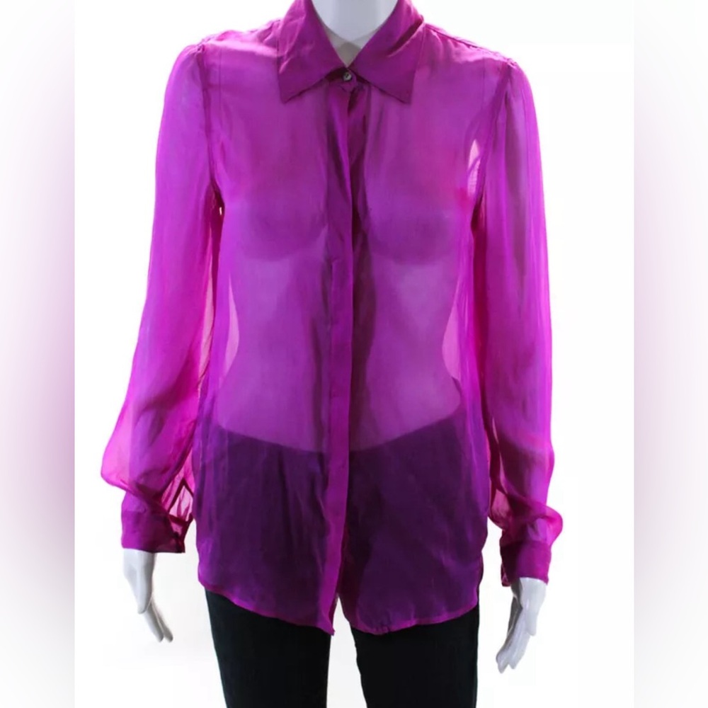 L'Agence Women's Collared Long Sleeves Sheer Button Down Shirt Pink Size 2